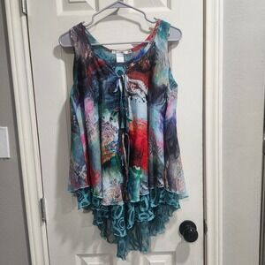 Feratelli Womens Abstract Print Crochet Lace Trim High Low Tunic Top size M
